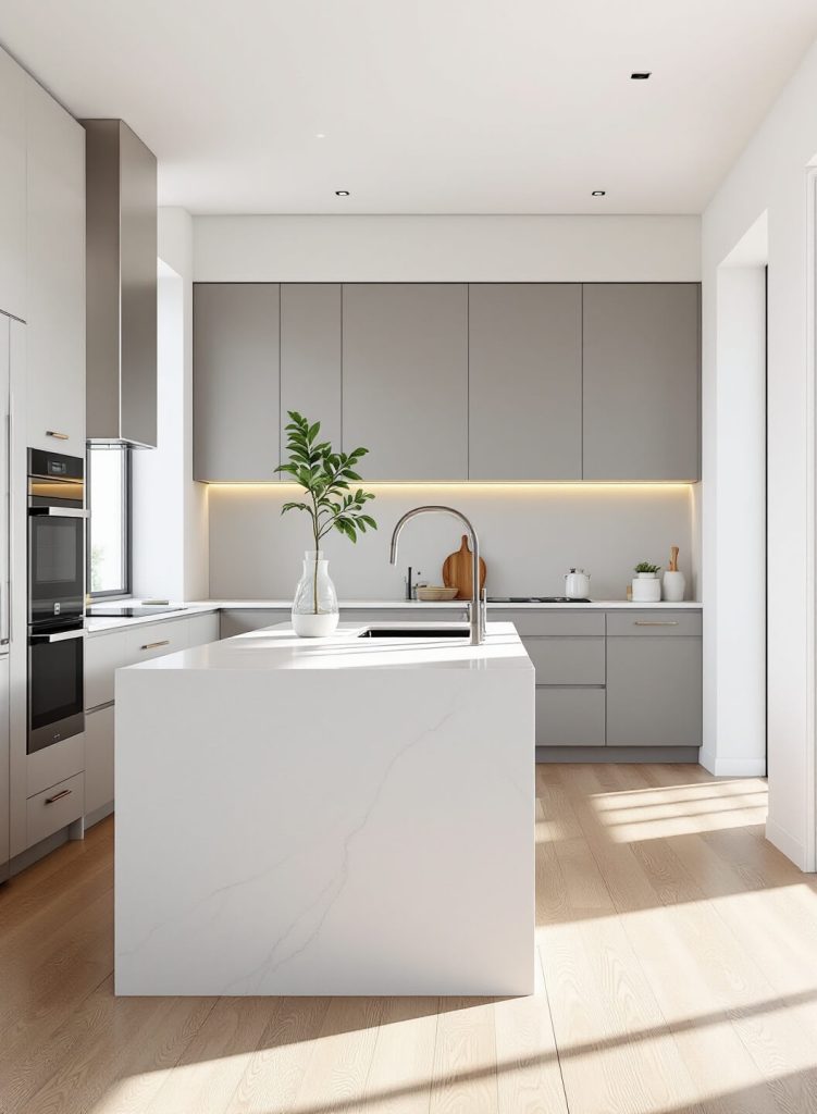 "Minimalist sunlit kitchen with white quartz island and stainless steel appliances"