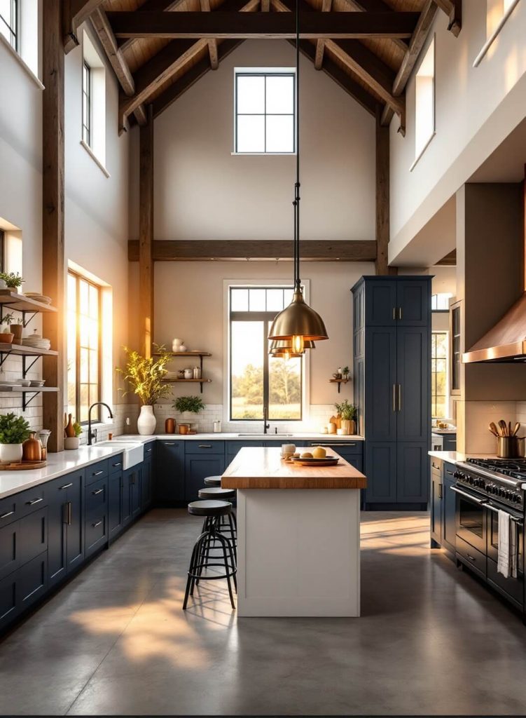 "Luxurious barndominium kitchen with high wooden ceilings, quartz countertops, industrial pendant lights, and stainless steel appliances during golden hour."