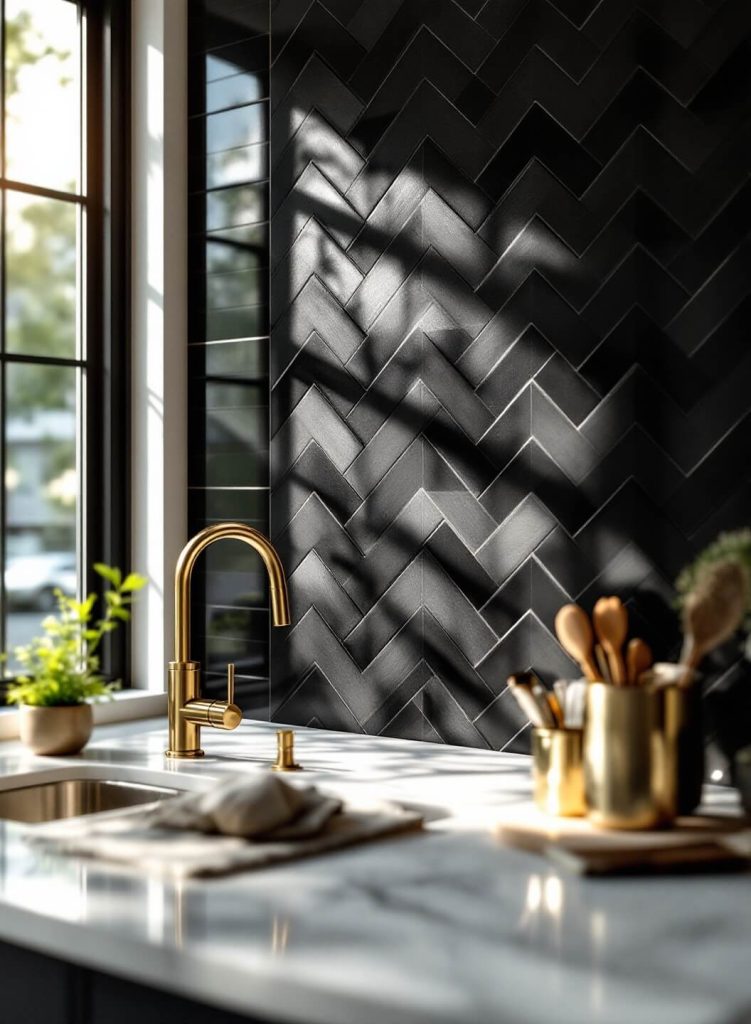 "Modern kitchen with black herringbone subway tile backsplash, white quartz countertops, and brass fixtures under soft natural sunlight"