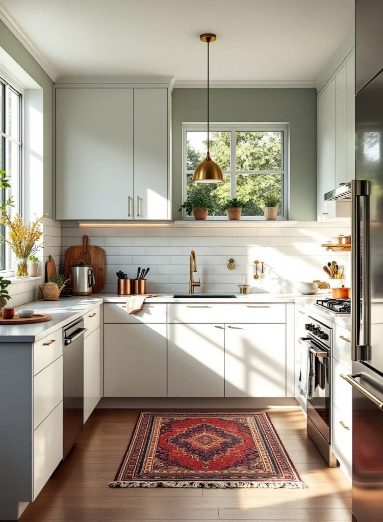 "Modern kitchen with bright white cabinets, sage green walls, quartz countertops, and brass pendant lights, enhanced by natural sunlight and under-cabinet LED lighting"