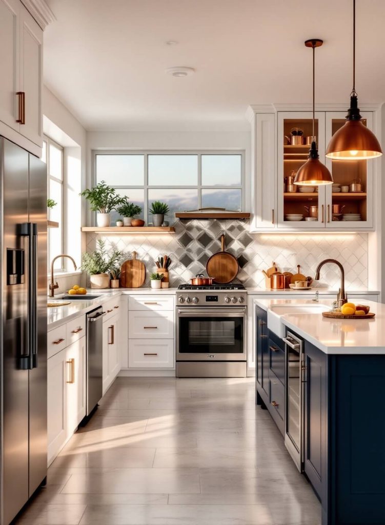 "Modern small kitchen with white shaker cabinets, navy blue island, and copper accents in golden hour sunlight"