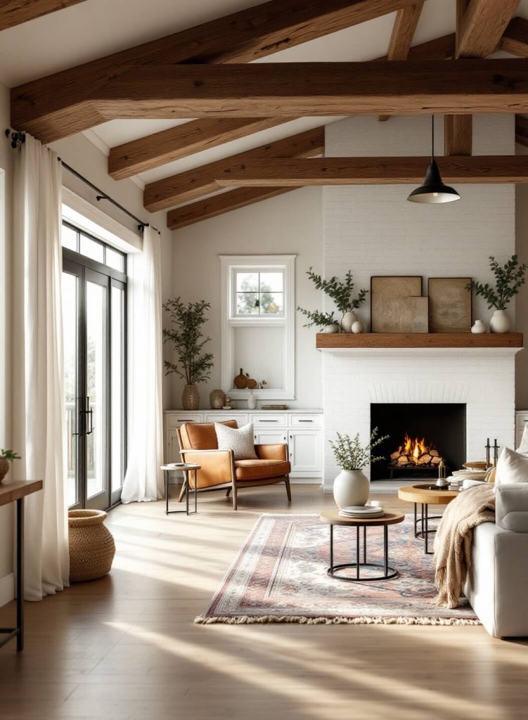 "Rustic chic modern farmhouse interior with sunlit white linen curtains, reclaimed wood beams, weathered shiplap accent wall, and soapstone kitchen counters"