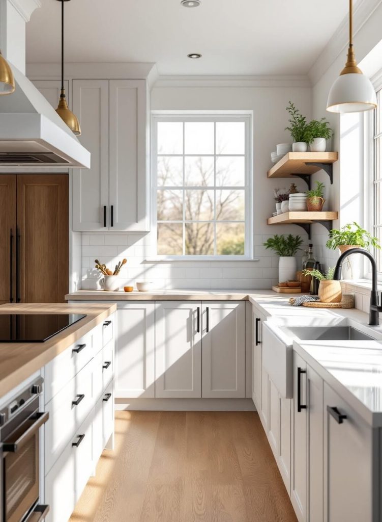 "White and oak modern farmhouse kitchen with bright sunlight, floating shelves and brass pendant lights"