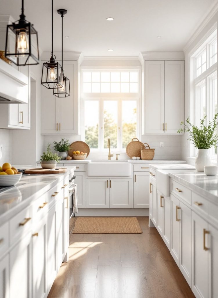 "Spacious modern farmhouse kitchen with white shaker cabinets, marble countertops, and morning sunlight through large windows"