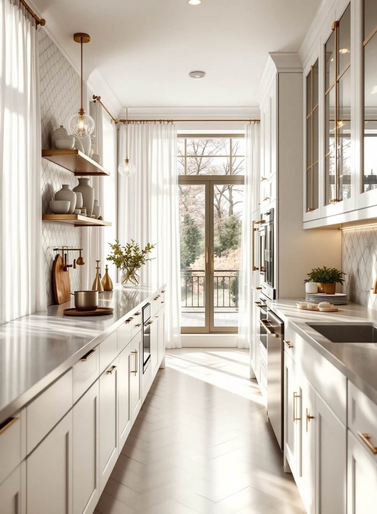 "Modern galley kitchen with white shaker cabinets, grey quartz countertops, brass floating shelves, LED lighting, marble backsplash, oak flooring and crystal pendant lights"