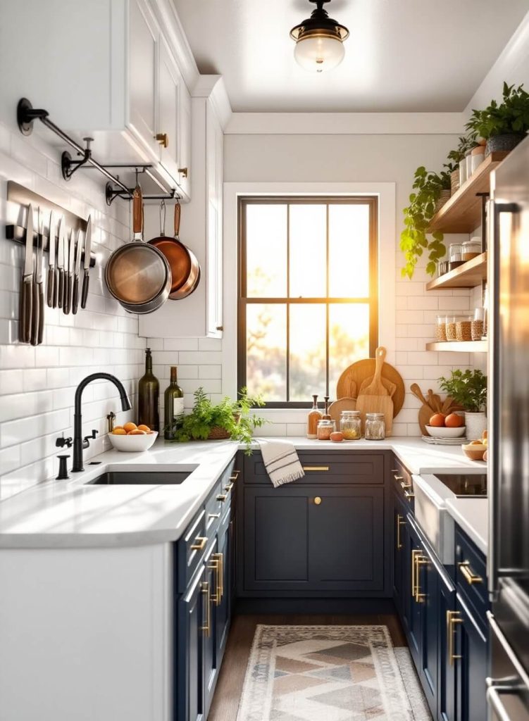 "Compact galley kitchen with white shaker cabinets, navy blue lower cabinets and brass hardware, stainless steel utensils, under-cabinet LED lighting, and fresh herbs on windowsill"