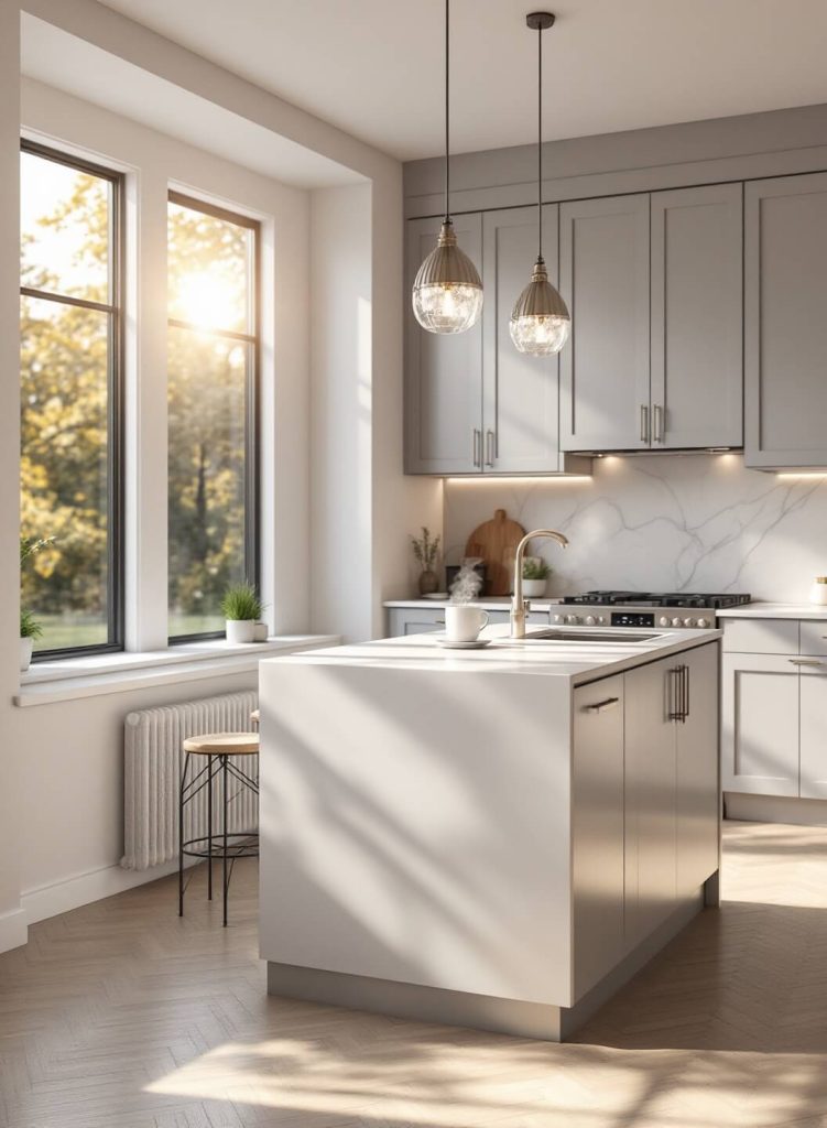 "Modern gray kitchen with white quartz waterfall island illuminated by morning sunlight, complete with stainless steel appliances, LED lighting, and fresh herbs on windowsill"