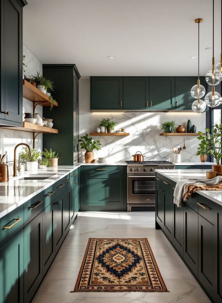 "Luxurious modern dark green kitchen with marble countertops, industrial-style bar stools, wooden shelves and high-end stainless steel appliances in natural morning light"