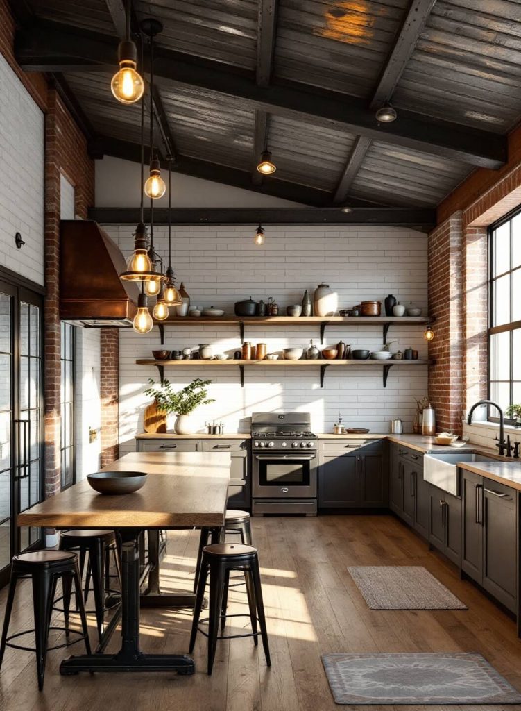 "Spacious industrial farmhouse kitchen with exposed steel beams and brick walls, highlighted by morning sunlight through large windows"