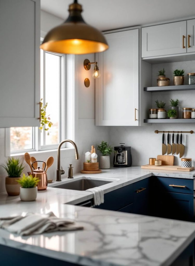 "Modern apartment kitchen with layered lighting, white and navy blue cabinets, marble countertop vignette, and vertical herb garden"