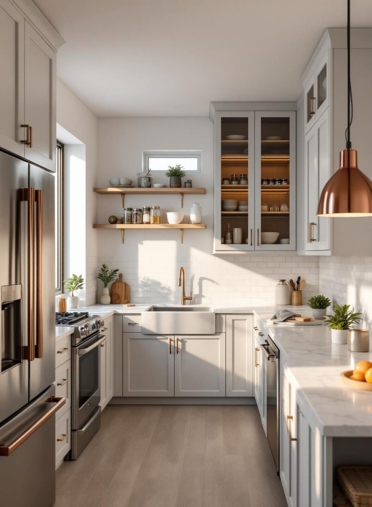 "Modern compact kitchen with white and gray design, under-cabinet lighting, pull-out shelves, and stainless steel appliances"