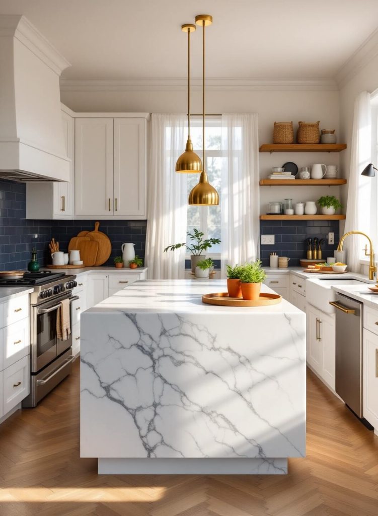 "Sunlit modern kitchen with white cabinets, navy accents, marble island, copper cookware, and fresh herbs on windowsill"