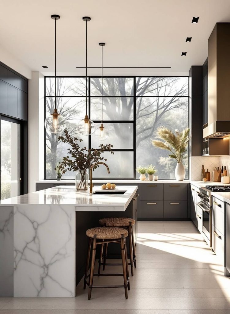 "Modern monochromatic kitchen design with floor-to-ceiling windows illuminating a marble island and glossy cabinets, captured in a high-end architectural digest style photograph."