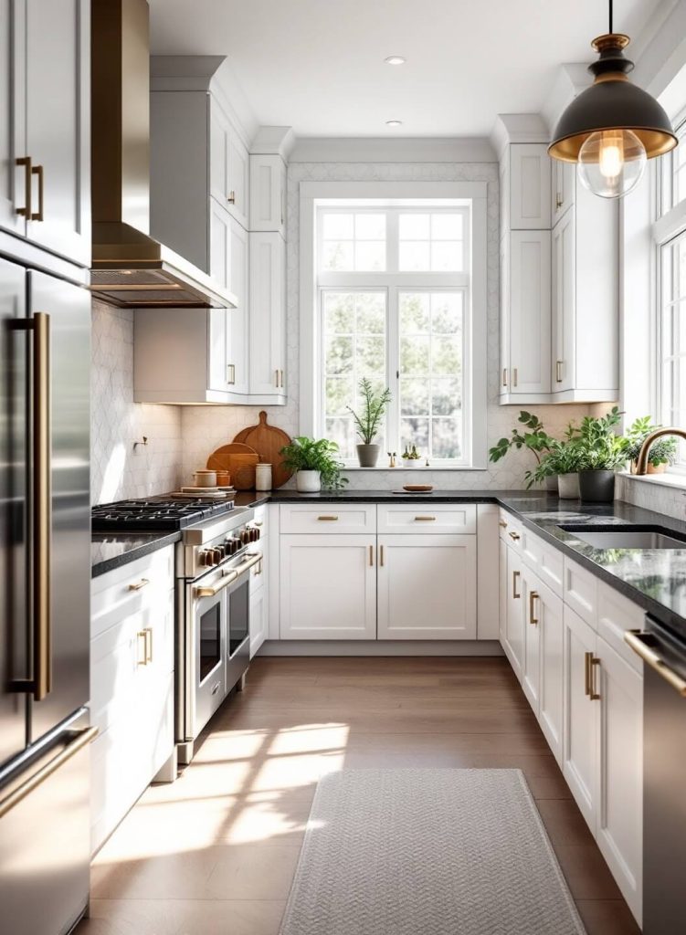 "Modern luxury kitchen with black granite countertops, stainless steel appliances, and white oak hardwood floors, flooded by natural light from floor-to-ceiling windows"