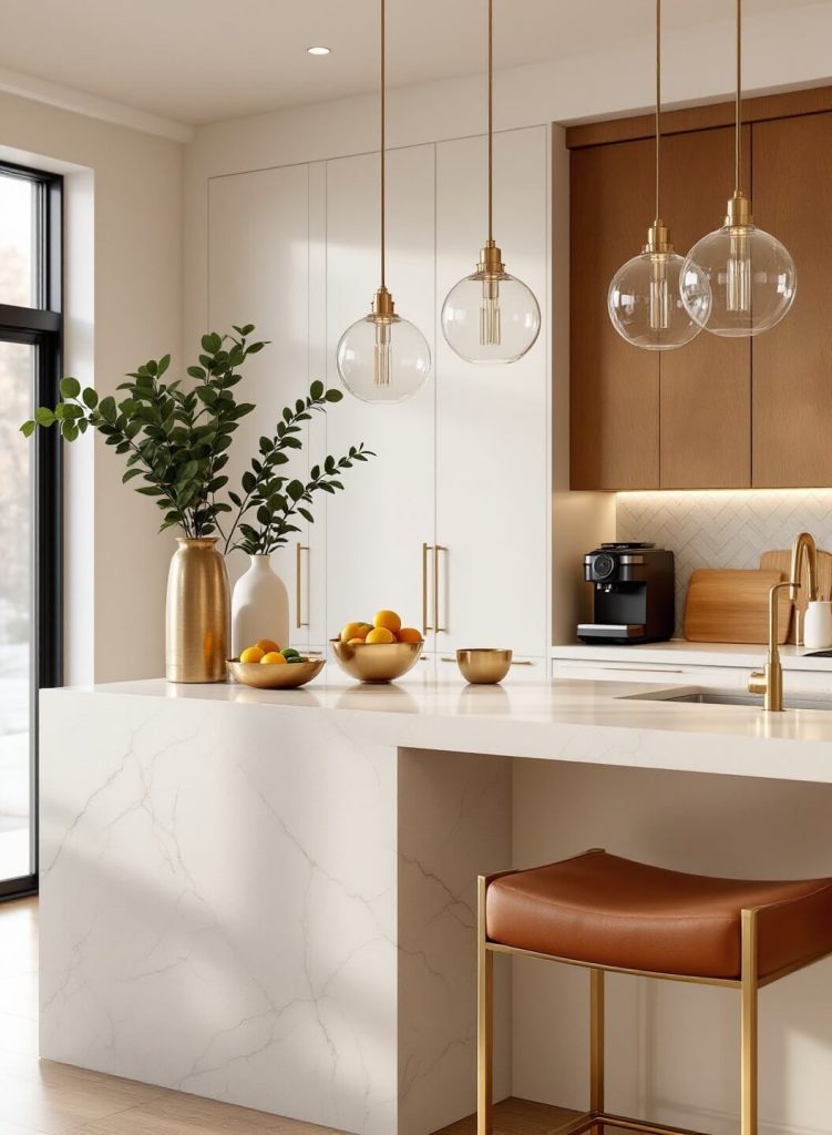 "Contemporary luxury kitchen with sun streaming through floor-to-ceiling windows, highlighting quartz island, matte cabinets, and smart appliances, shot at golden hour in 8K ultra-detail"