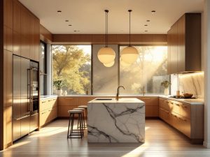 "Luxurious modern kitchen with walnut cabinets, quartzite island, globe pendant lights, stainless steel appliances, and ambient lighting in morning sunlight"