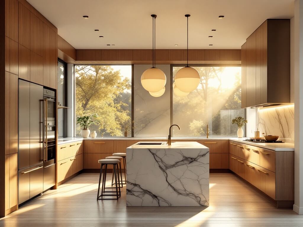 "Luxurious modern kitchen with walnut cabinets, quartzite island, globe pendant lights, stainless steel appliances, and ambient lighting in morning sunlight"