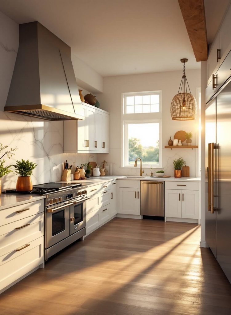 "Sunlit modern luxury kitchen with white cabinets, quartz waterfall island, stainless steel appliances, and warm, ambient lighting."