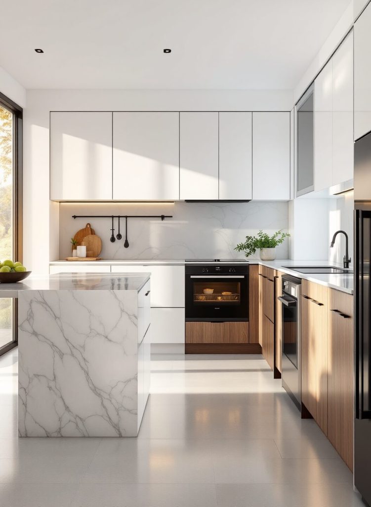 "Modern kitchen with sleek white and walnut cabinets, marble island, black fixtures, and high-tech appliances bathed in golden sunlight"