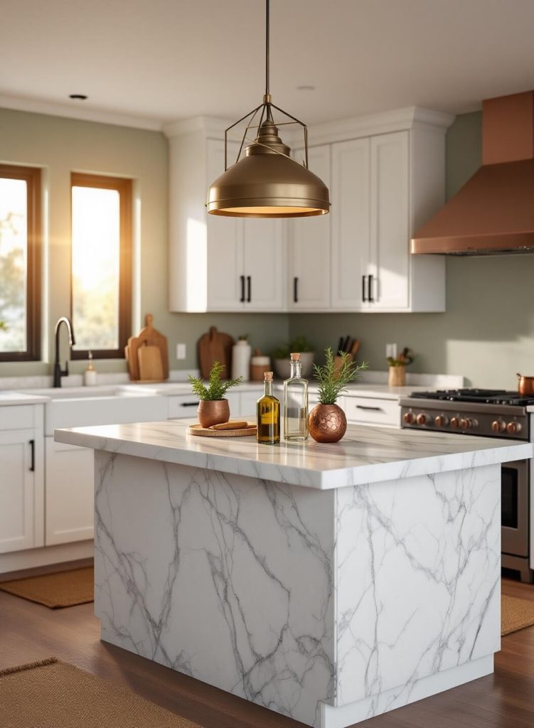 "Modern kitchen with marble waterfall island, white cabinets, sage green accent wall and professional grade range, styled with various cooking items and lit by golden sunlight"