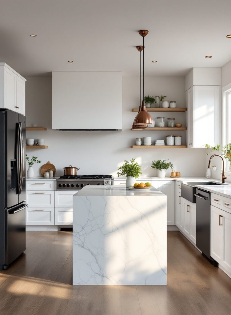 "Modern minimalist kitchen with white cabinets, quartz island and copper pendant lights during golden hour"