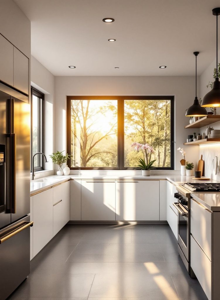 "Modern minimalist kitchen with natural light, featuring white cabinets, charcoal accents, and professional appliances"