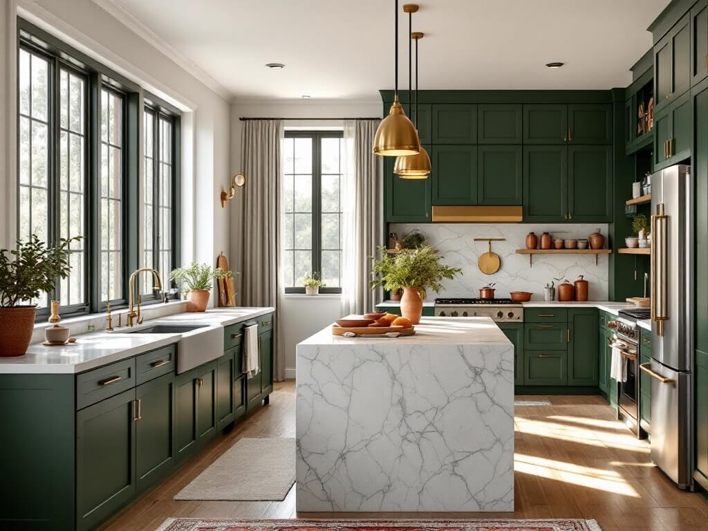 "Spacious modern kitchen with green Shaker-style cabinets, white marble countertops, vintage copper cookware, and natural lighting."