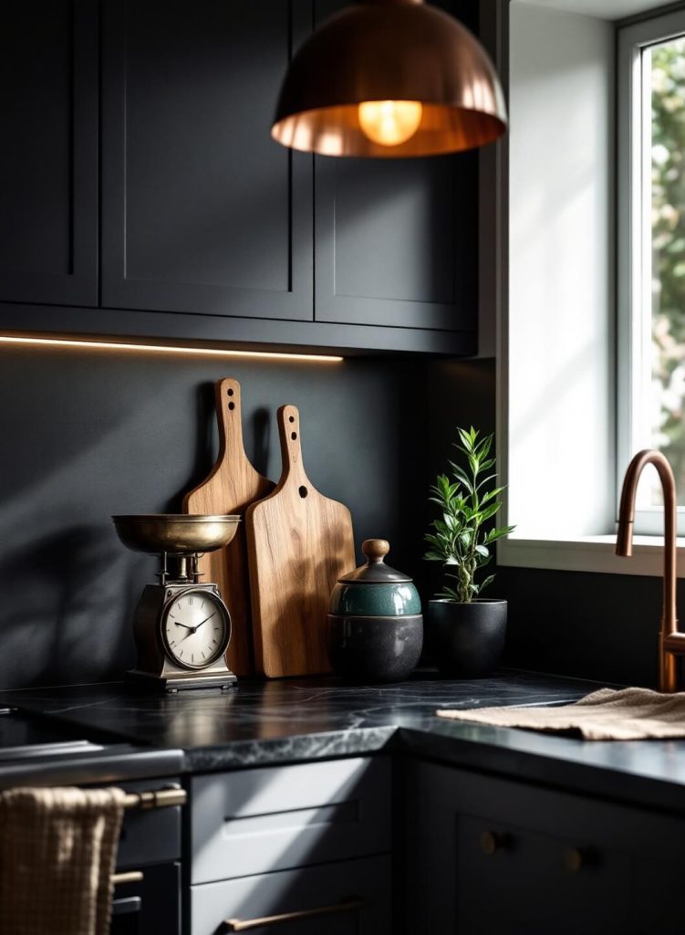 "Moody and sophisticated kitchen interior with black granite countertop, artisanal brass accessories, and a three-tiered wooden cutting board display, illuminated by warm LED strips and morning sunlight."