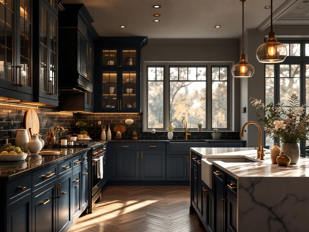 "Luxury kitchen with navy blue cabinets, black granite countertops, white marble island, and warm LED lighting."