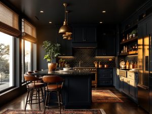 "Luxurious moody kitchen with navy-blue walls, espresso oak cabinets, black granite countertops, and copper cookware on open shelving during golden hour"