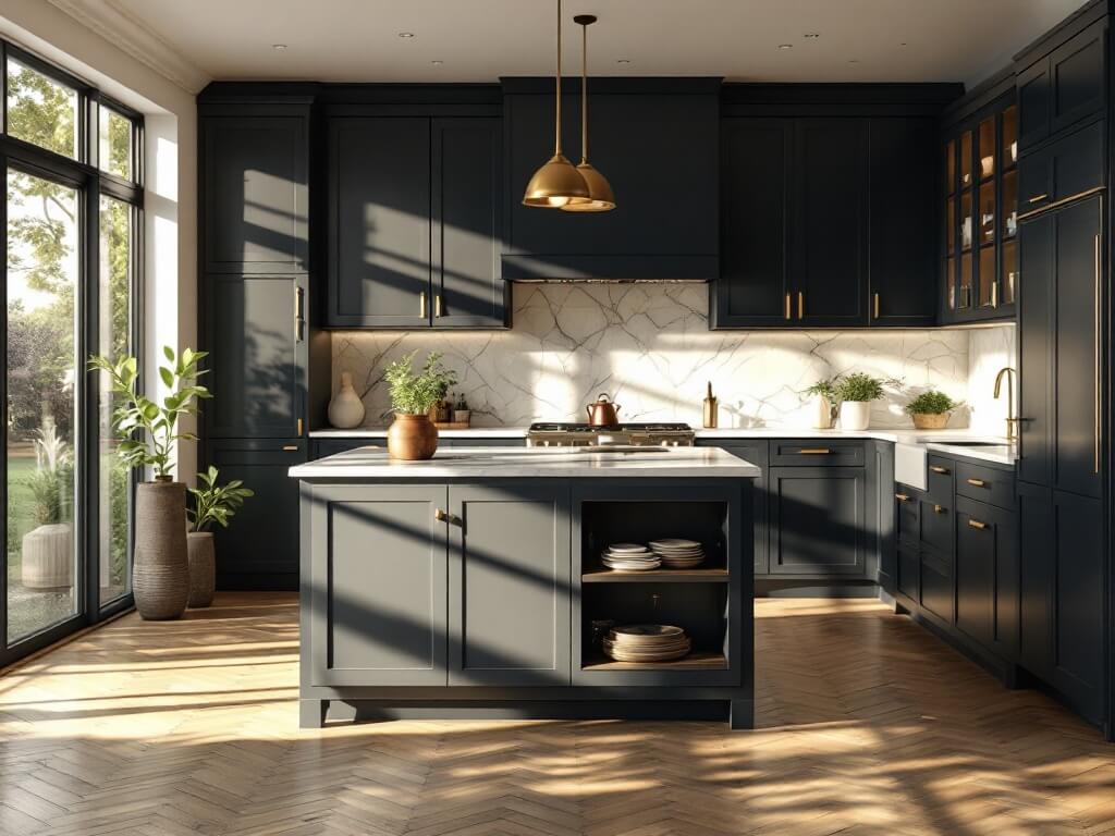 "Luxurious modern kitchen with navy blue cabinets, white marble countertops, brass pendant lights, and herringbone oak flooring, bathed in warm afternoon sunlight."