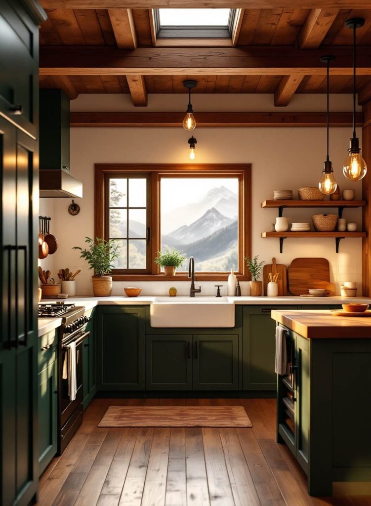 "Cozy cabin kitchen with green cabinets, butcher block island, and vintage copper pots during golden hour"