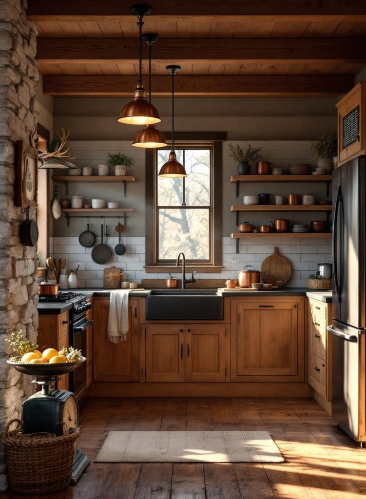 "Rustic cabin kitchen interior in golden hour light featuring pine cabinets, hardwood flooring, stone counters, vintage decor, and natural textures."