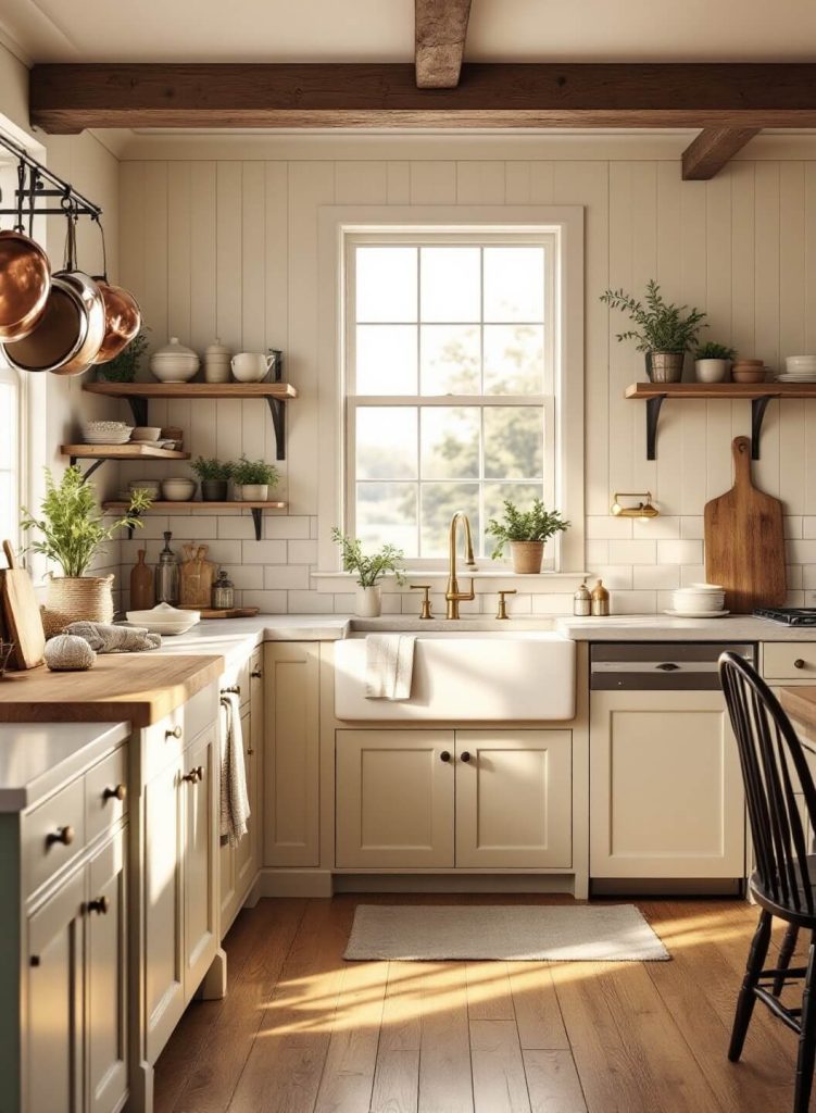 "Sunlit rustic cottage kitchen with cream cabinetry, farmhouse sink, vintage copper pots, wooden ceiling beams, and modern furniture, adorned with fresh herbs and vintage decor."