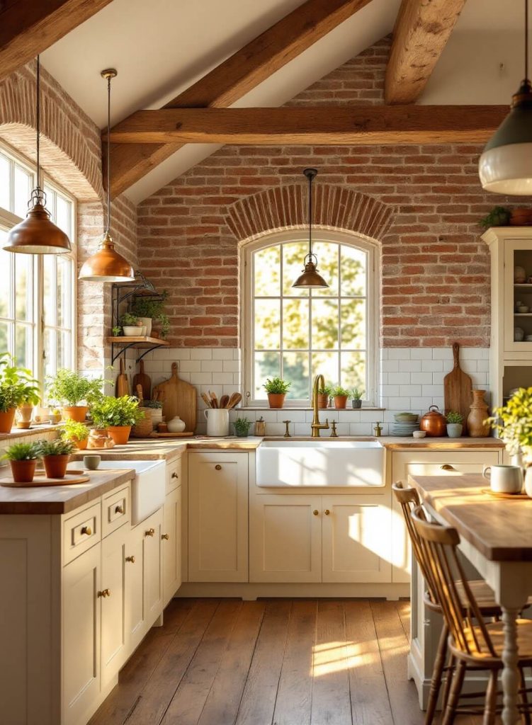 "Rustic countryside kitchen with Shaker cabinets, butcher block island, and farmhouse sink, bathed in morning light"