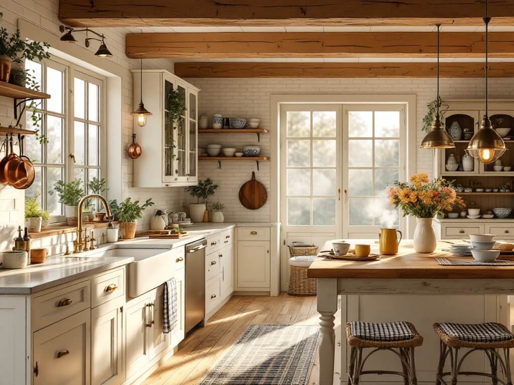 "Rustic country kitchen with exposed cedar beams, farmhouse sink, butcher block island, and vintage decor"