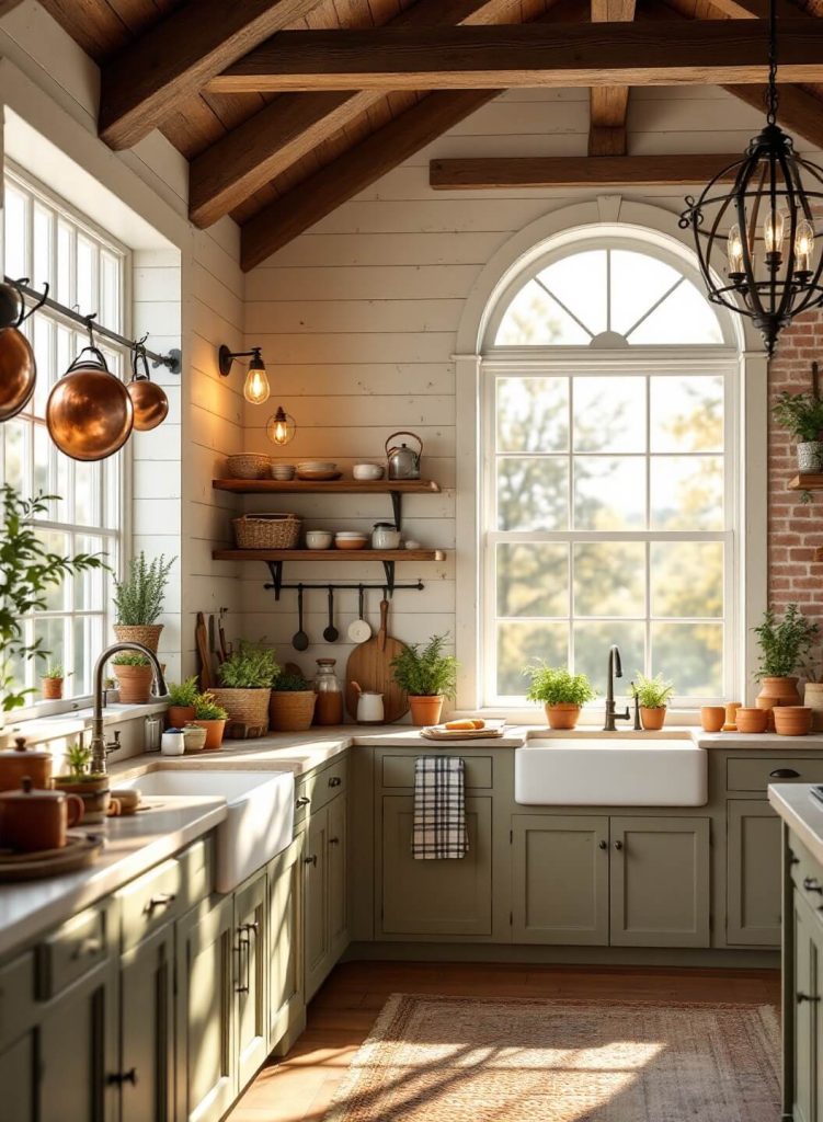 "Sunlit rustic farmhouse kitchen with sage green cabinets, soapstone counters, and an exposed brick accent wall, captured during a golden morning."