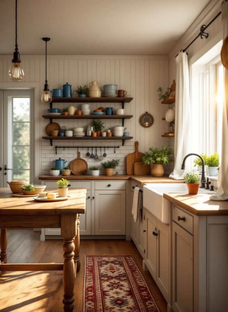 "Rustic country kitchen interior with pine floors, white beadboard walls, farmhouse table, vintage enamelware, and terracotta pots at golden hour."