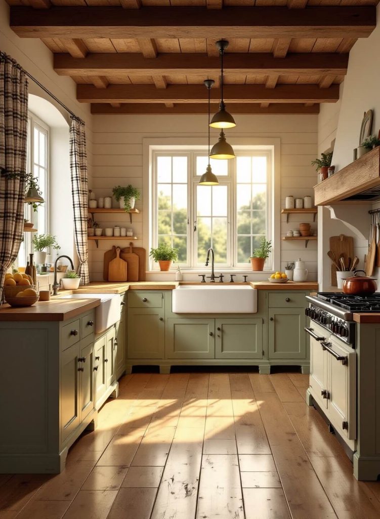 "Sun-drenched rustic country kitchen with oak beams, wooden island, vintage copper pots, and mullioned windows during golden hour"