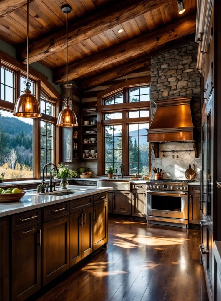 "Rustic luxury log home kitchen with wooden cabinets, marble countertops, professional appliances and green accents, lit by golden hour sunlight."