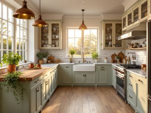 "Sage green country kitchen with natural sunlight illuminating butcher block island, marble countertops, and ceramic backsplash during golden hour."