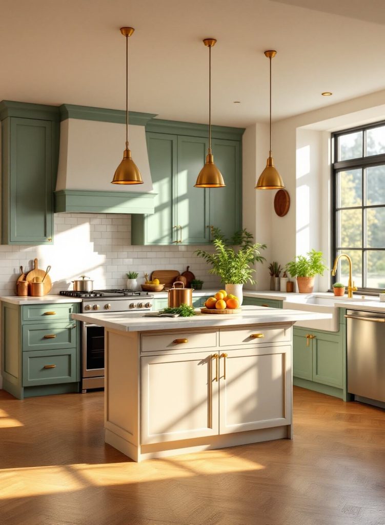 "Luxury kitchen with sage green and cream cabinets, Carrara marble countertops, and golden morning light streaming in"