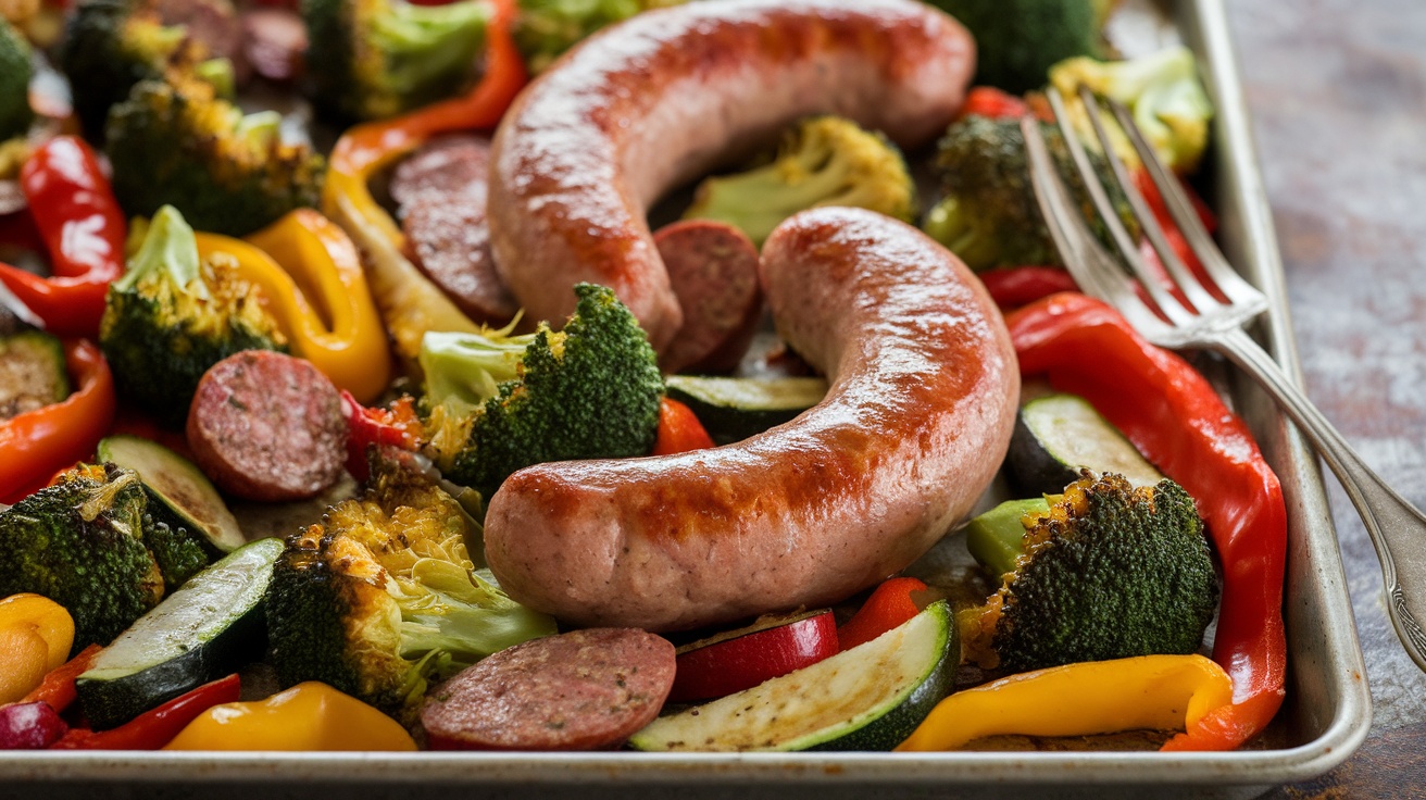 A sheet pan dinner featuring roasted sausage and assorted vegetables like broccoli, bell peppers, and zucchini, beautifully arranged and ready to serve.