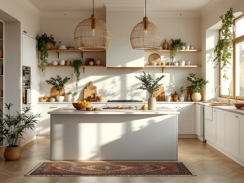 "Scandinavian bohemian styled kitchen interior with golden hour lighting, white quartz waterfall island, rattan pendant lights, and vintage Persian runner."