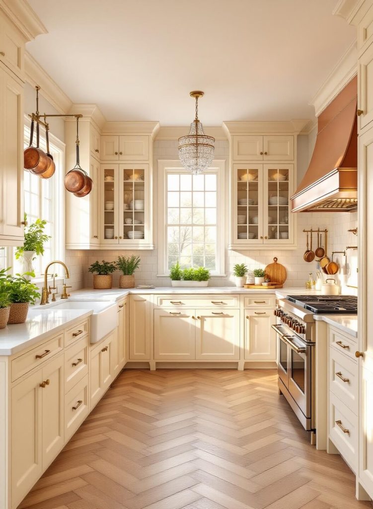 "Traditional kitchen interior featuring cream-colored cabinets, marble countertops, and oak flooring in golden morning light"