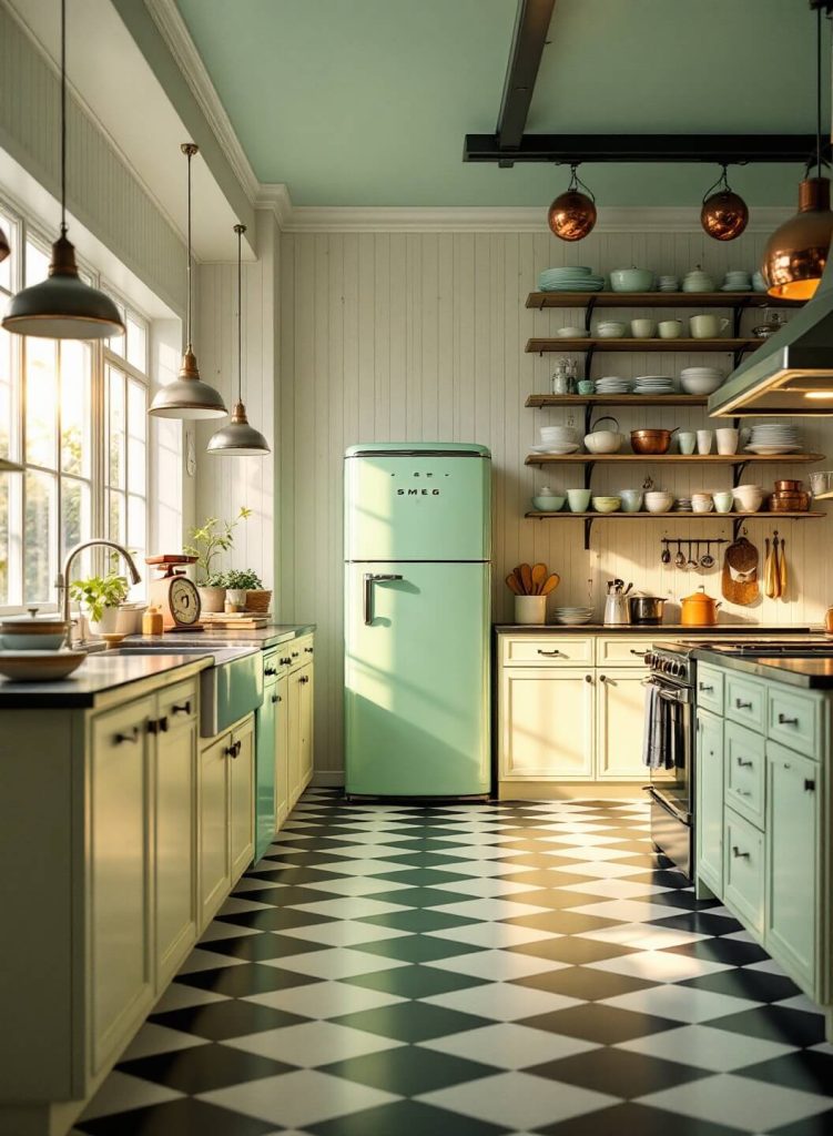 "Vintage kitchen with mint green SMEG refrigerator, checkerboard floor, and golden hour lighting"