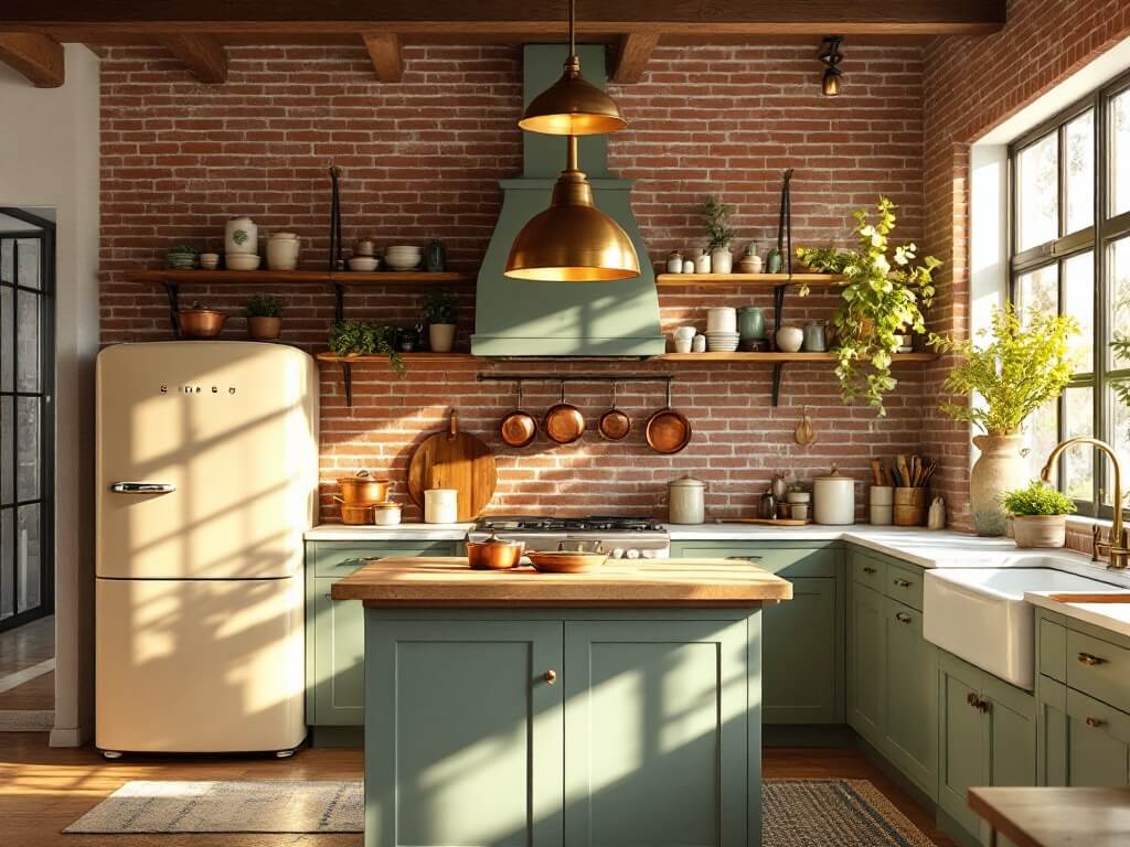 "Vintage modern kitchen with sage green cabinets, brass fixtures, and cream Smeg refrigerator in morning sunlight"