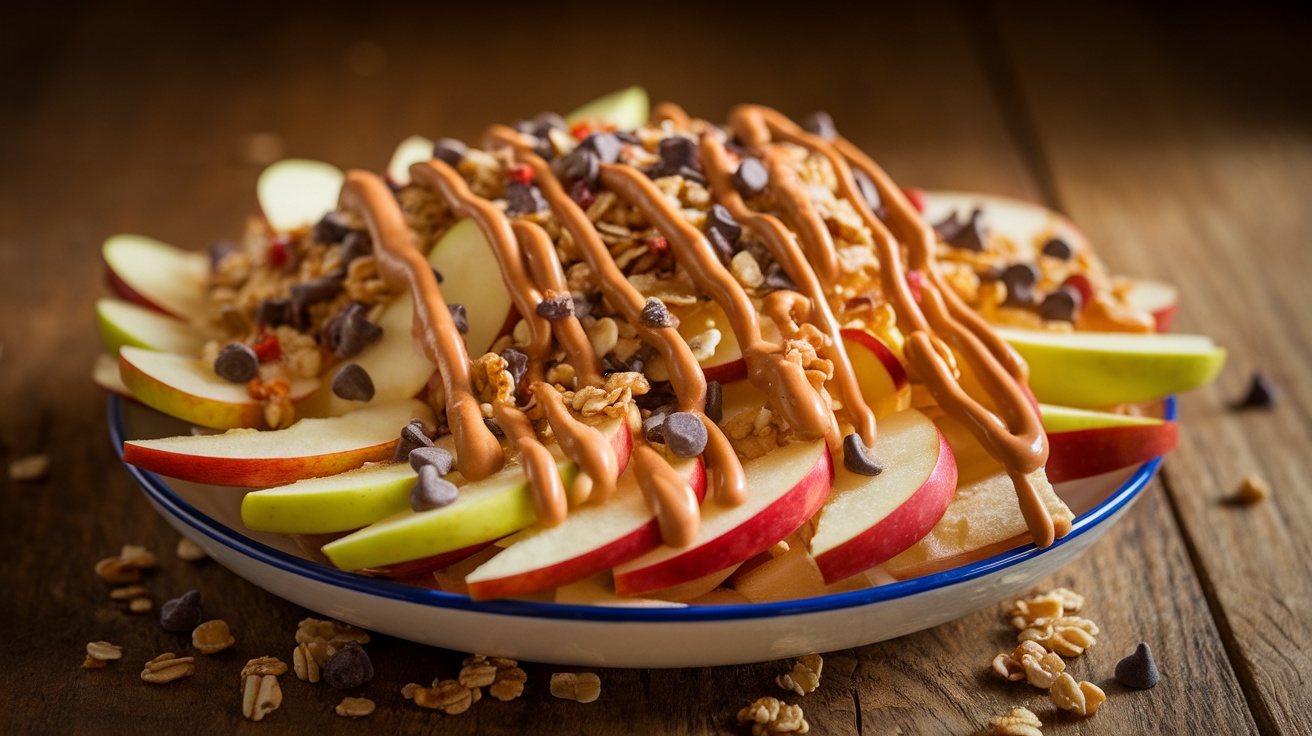 A plate of Apple Nachos topped with peanut butter drizzle, granola, and chocolate chips, set on a wooden table.