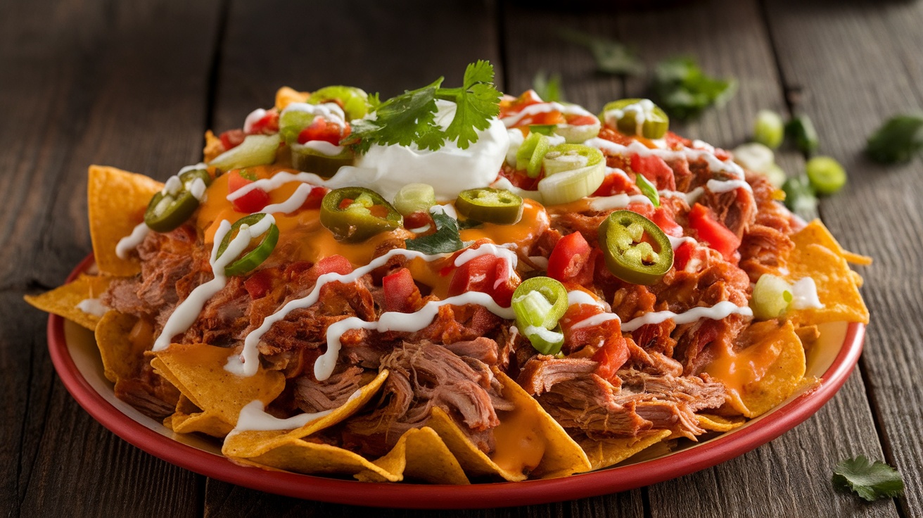 A delicious serving of BBQ Pulled Pork Nachos topped with cheese, jalapeños, tomatoes, and green onions on a wooden table.