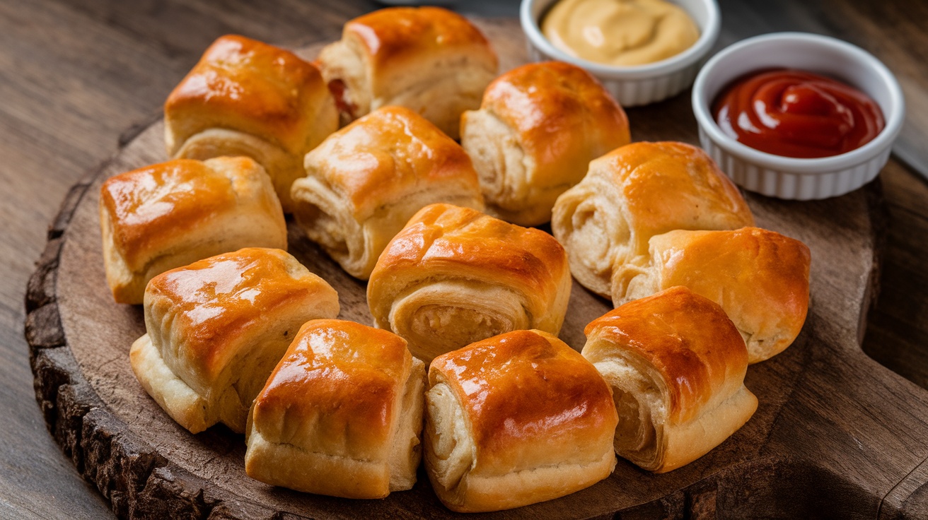 A delicious platter of golden mini sausage rolls with dipping sauces.